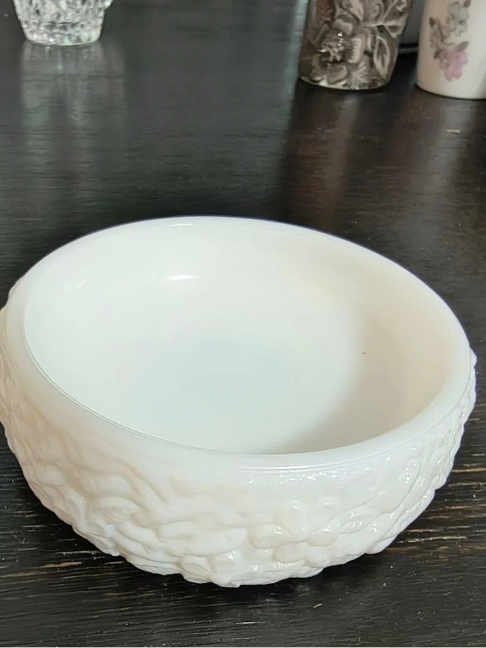 White Floral Relief Milk Glass Bowl